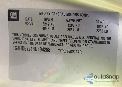 2008 Buick Lucerne Cxl z USA, uszkodzony, nr VIN 1G4HD57218U194288